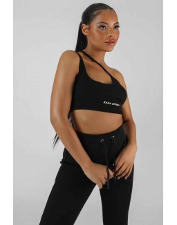 Asymmetric Strappy Kaiia Sport Crop Top Black