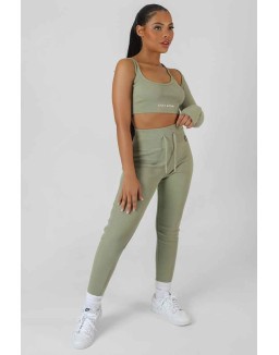 Asymmetric One Sleeve Kaiia Sport Crop Top Khaki