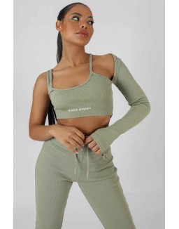 Asymmetric One Sleeve Kaiia Sport Crop Top Khaki