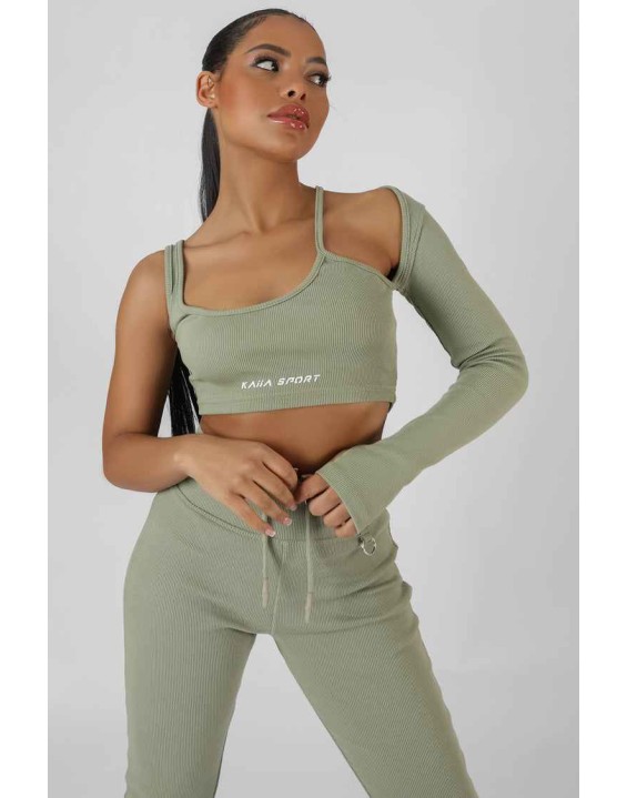 Asymmetric One Sleeve Kaiia Sport Crop Top Khaki