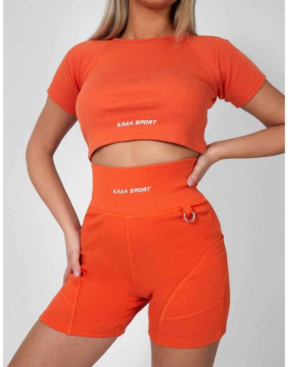 Ribbed Cropped Kaiia Sport T-Shirt Sunset Orange