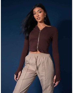 Double Ended Zip Kaiia Sport Top Chocolate