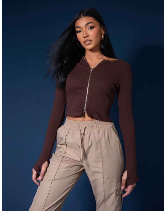 Double Ended Zip Kaiia Sport Top Chocolate