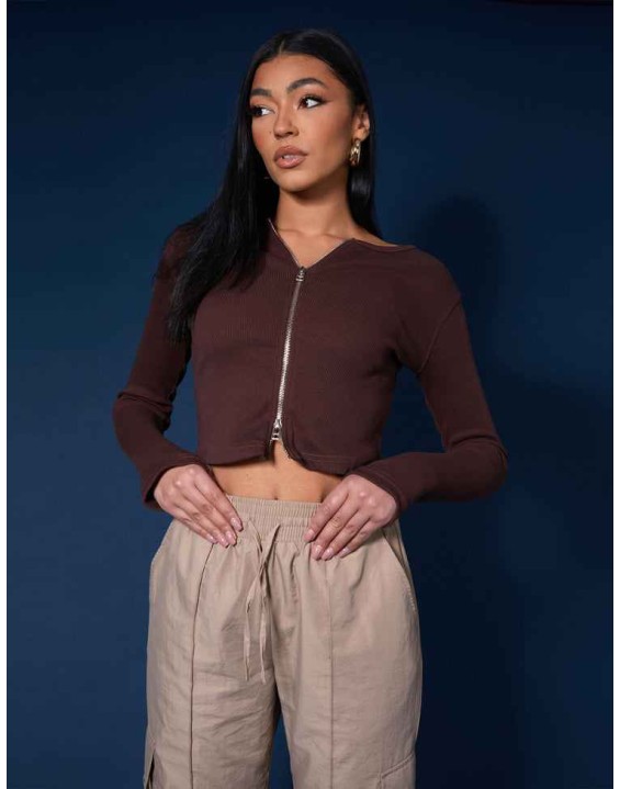 Double Ended Zip Kaiia Sport Top Chocolate