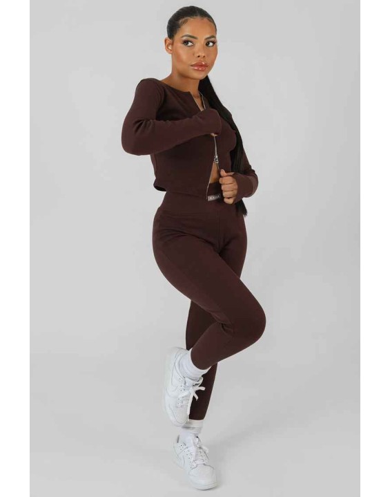 Double Ended Zip Kaiia Sport Top Chocolate