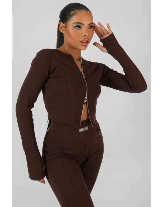 Double Ended Zip Kaiia Sport Top Chocolate