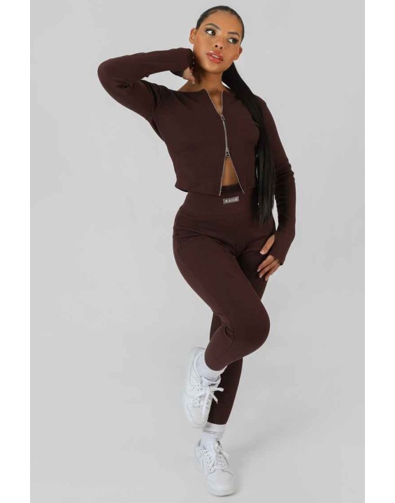Double Ended Zip Kaiia Sport Top Chocolate