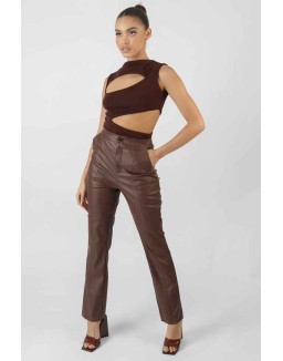Pu Seam Front Split Detail Trousers Chocolate