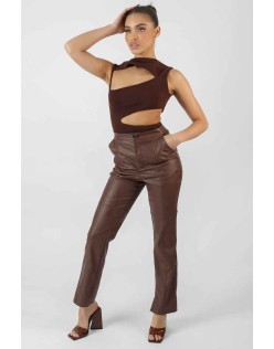 Pu Seam Front Split Detail Trousers Chocolate
