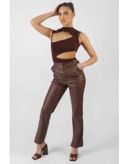 Pu Seam Front Split Detail Trousers Chocolate