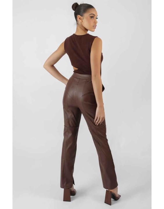 Pu Seam Front Split Detail Trousers Chocolate