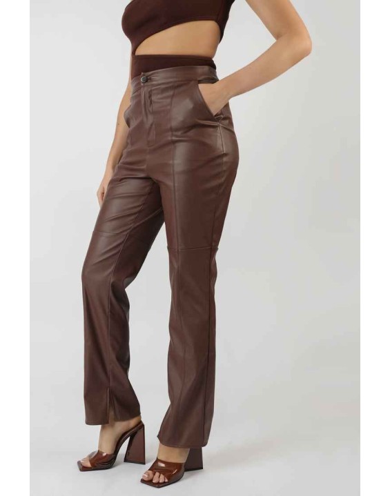 Pu Seam Front Split Detail Trousers Chocolate