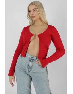 Kaiia Trim Ribbed Top Red