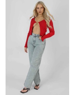 Kaiia Trim Ribbed Top Red