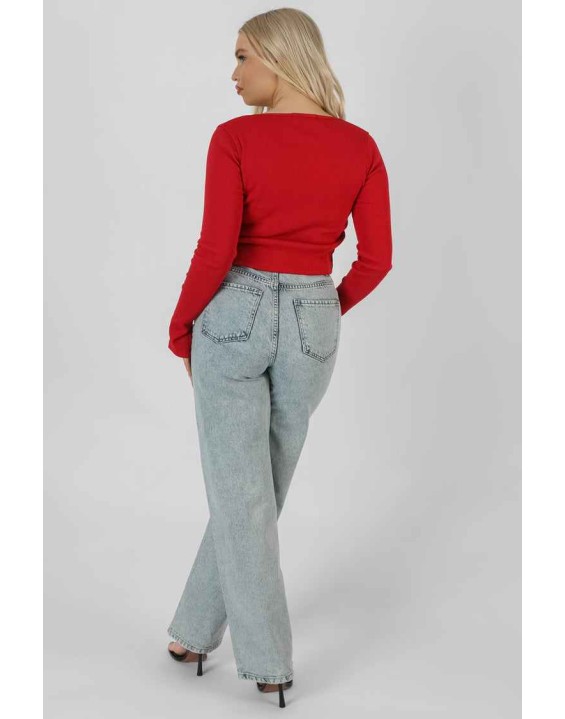 Kaiia Trim Ribbed Top Red