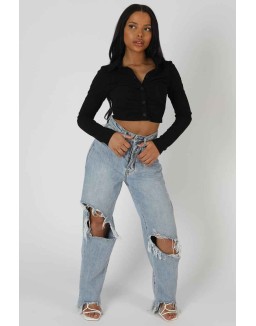 Button Front Ruched Top Black