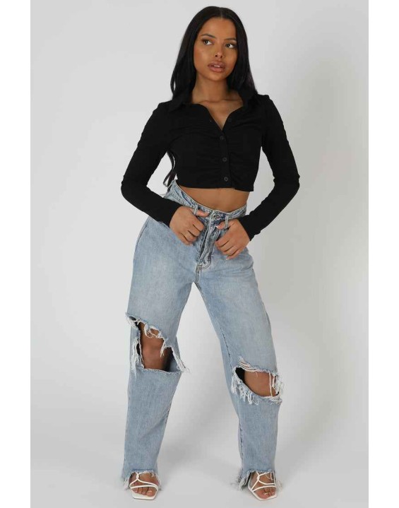 Button Front Ruched Top Black