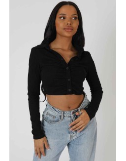 Button Front Ruched Top Black