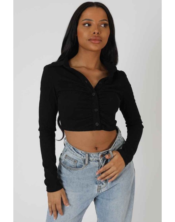 Button Front Ruched Top Black