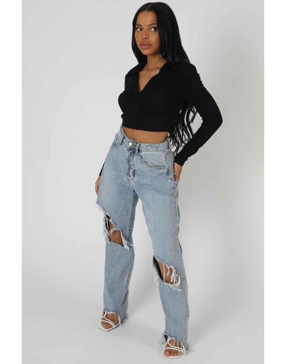 Button Front Ruched Top Black