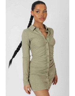 Button Front Ruched Dress Khaki