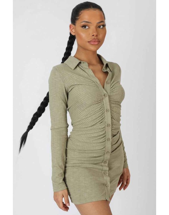 Button Front Ruched Dress Khaki