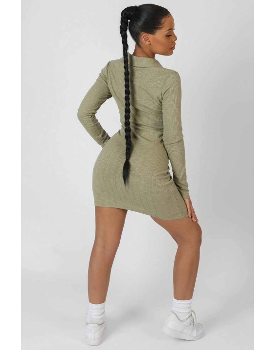 Button Front Ruched Dress Khaki