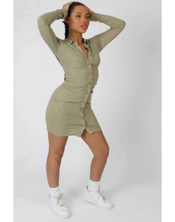 Button Front Ruched Dress Khaki