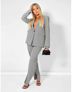 Houndstooth Straight Leg Split Hem Trousers