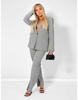 Houndstooth Straight Leg Split Hem Trousers