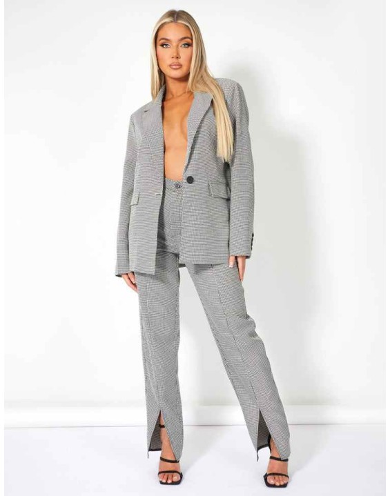 Houndstooth Straight Leg Split Hem Trousers