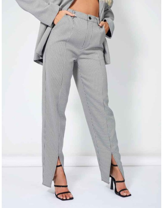 Houndstooth Straight Leg Split Hem Trousers