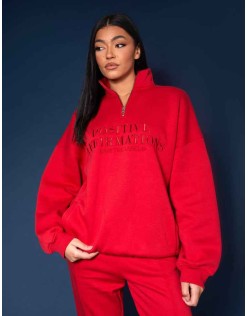 Half Zip Pullover Tonal Embroidered Sweatshirt Red