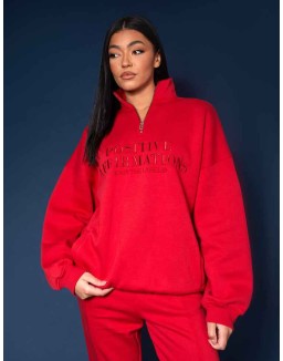 Half Zip Pullover Tonal Embroidered Sweatshirt Red
