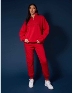 Half Zip Pullover Tonal Embroidered Sweatshirt Red
