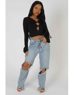 Long Sleeve Button Detail Crop Top Black
