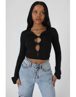 Long Sleeve Button Detail Crop Top Black