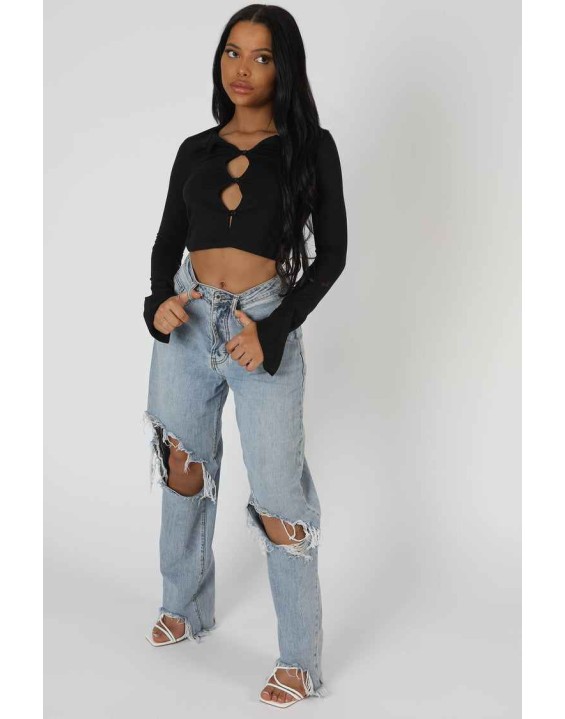 Long Sleeve Button Detail Crop Top Black