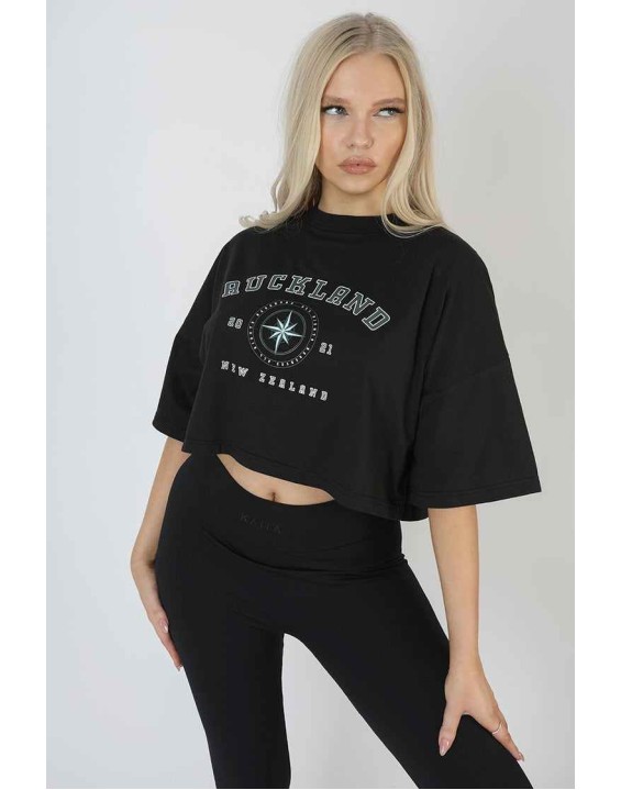 Auckland Slogan Crop Top Black