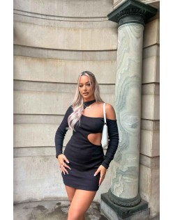 Cut Out Detail Ribbed Dress Black