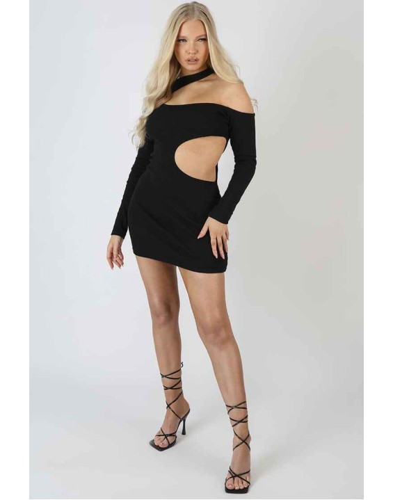 Cut Out Detail Ribbed Dress Black