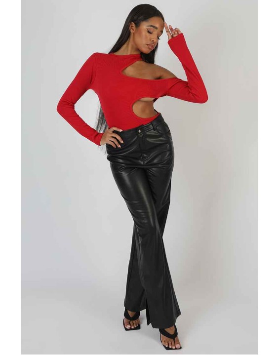 Cut Out Detail Ribbed Bodysuit Red
