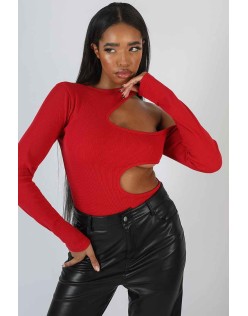Cut Out Detail Ribbed Bodysuit Red
