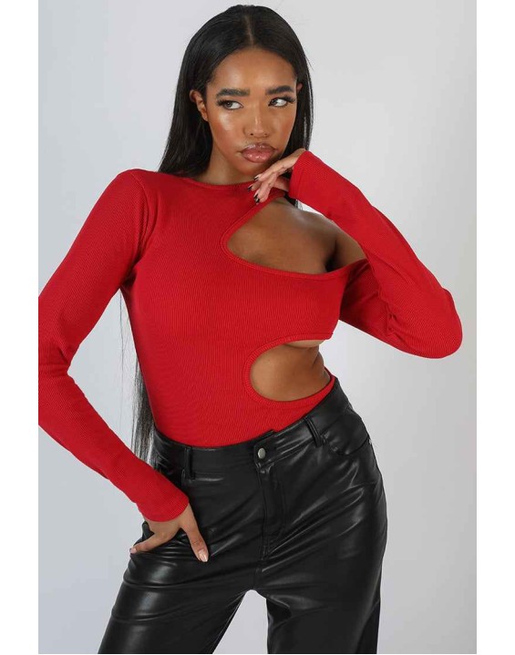Cut Out Detail Ribbed Bodysuit Red