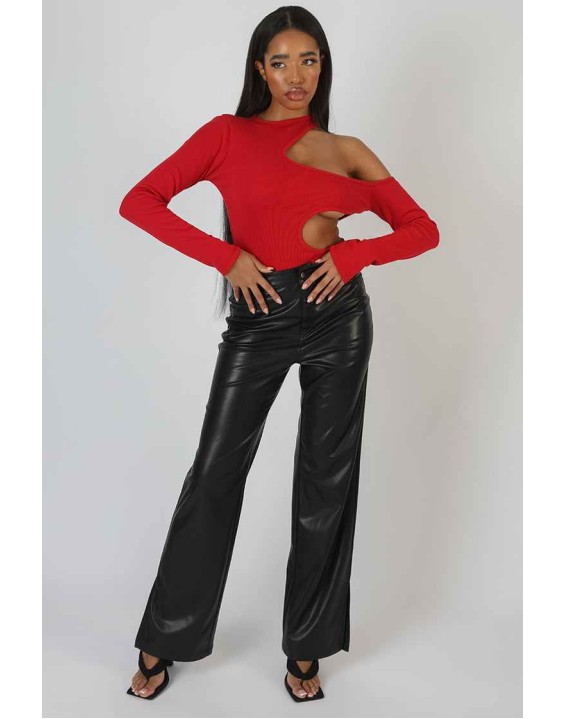 Cut Out Detail Ribbed Bodysuit Red