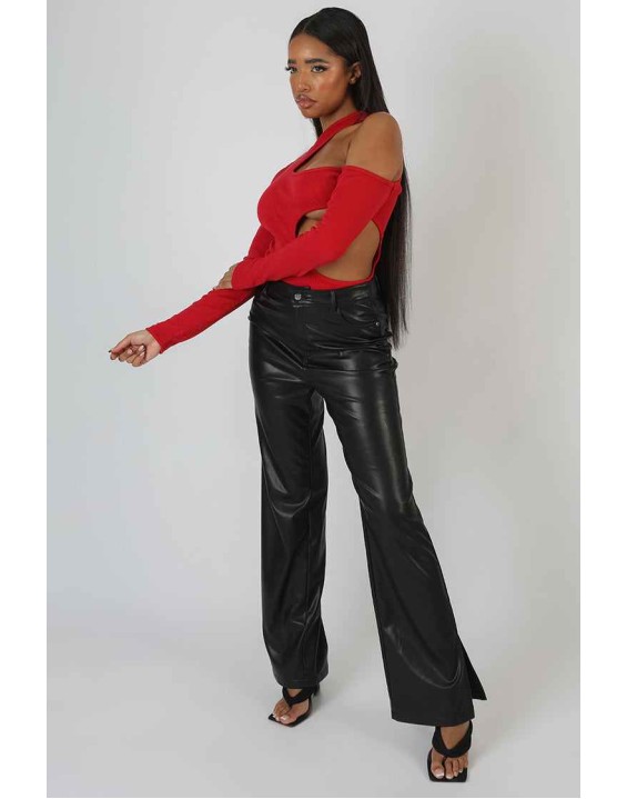 Cut Out Detail Ribbed Bodysuit Red