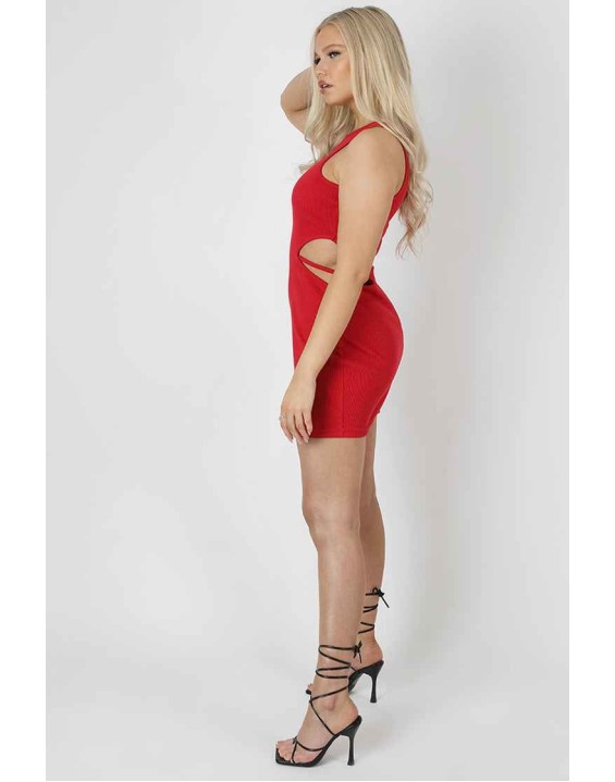 Cut Out Strappy Waist Dress Red