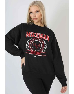 Michigan Embroidered Slogan Oversized Sweatshirt Black