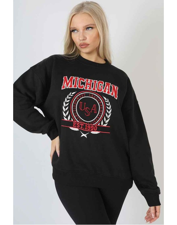 Michigan Embroidered Slogan Oversized Sweatshirt Black