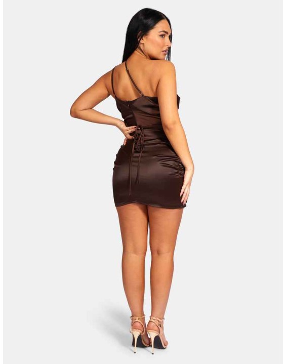 Ruched Side Strappy Waist Satin Dress Dark Chocolate